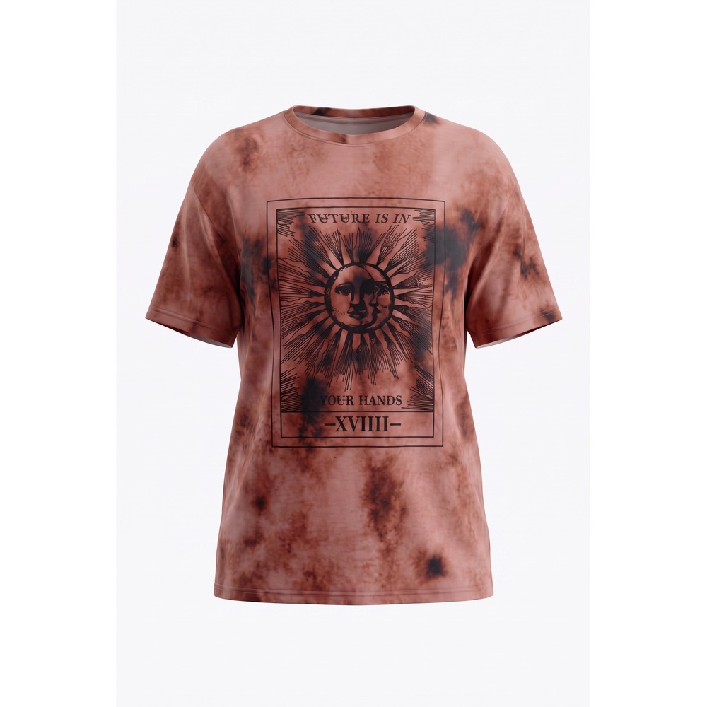 SHEIN Womens Brown Tie Dye Sun Tarot Graphic Tee Shirt Size M XVIIIโ Sun Face